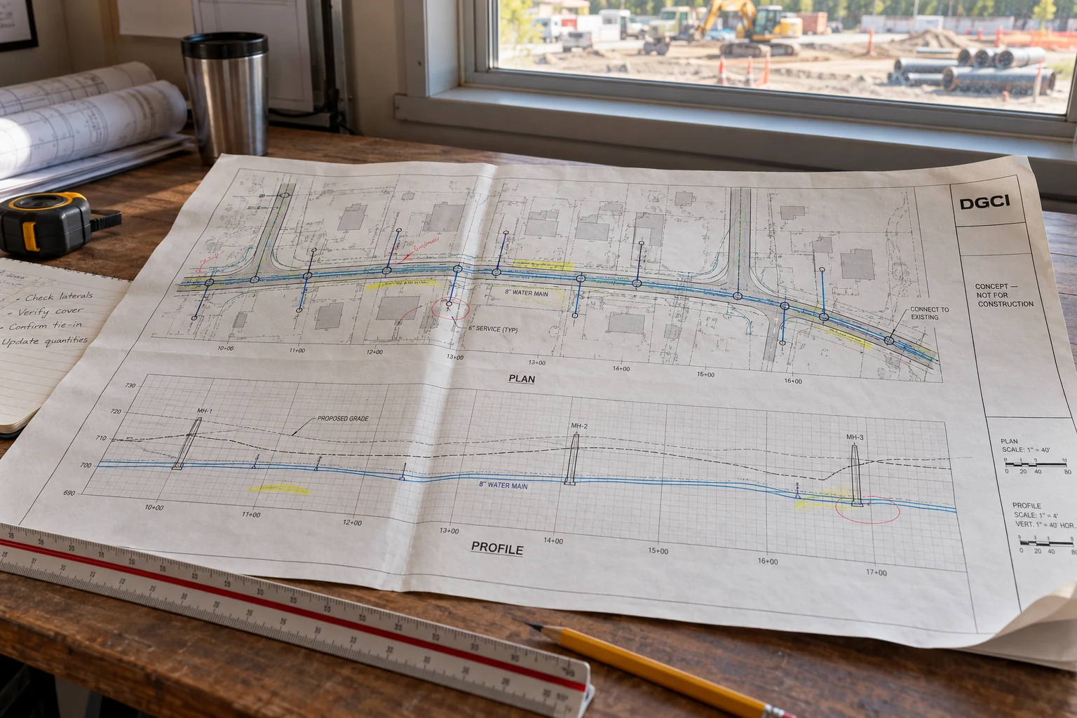 Illustrative civil plan-and-profile sheet with folds and review marks on a field desk